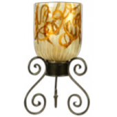 Handmade Blown Glass Urricane Vase W/Metal Base with Vine in Orange Shades finish 
